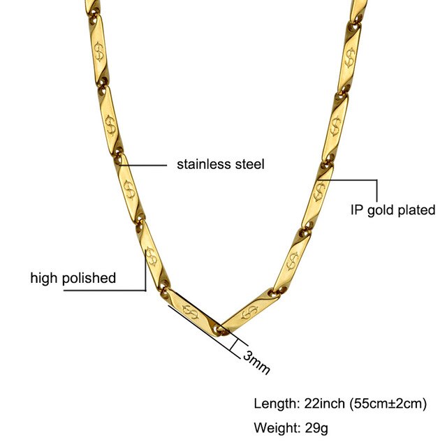 High Polished Gold Color Titanium stain resistant Steel US Dollar Pattern Stick Aberdeen metal metal chain

 Necklaces for Men Jewelry