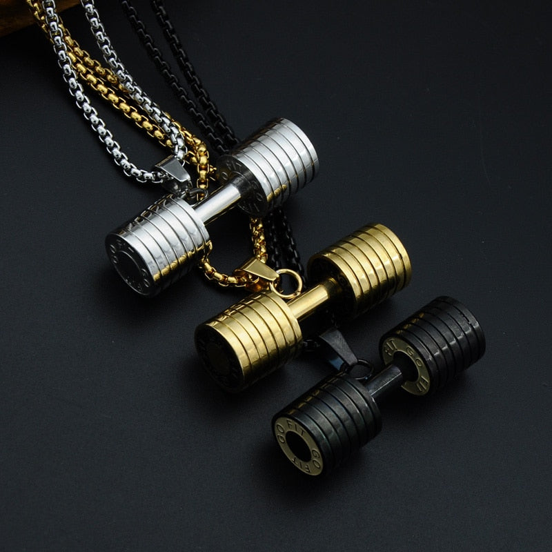 HIP Men Gold Color Titanium rust proof
 Steel GO FIT dumb-bell
 Gym exercise Barbell Pendant Necklaces For Men workout Jewelry